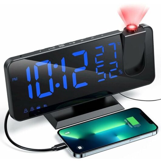 Gotrays - Projector Alarm Clock with Radio, Digital Clock, usb Alarm Clock Radio with Dual Alarm and 7 led Mirror Screen (Blue Word)