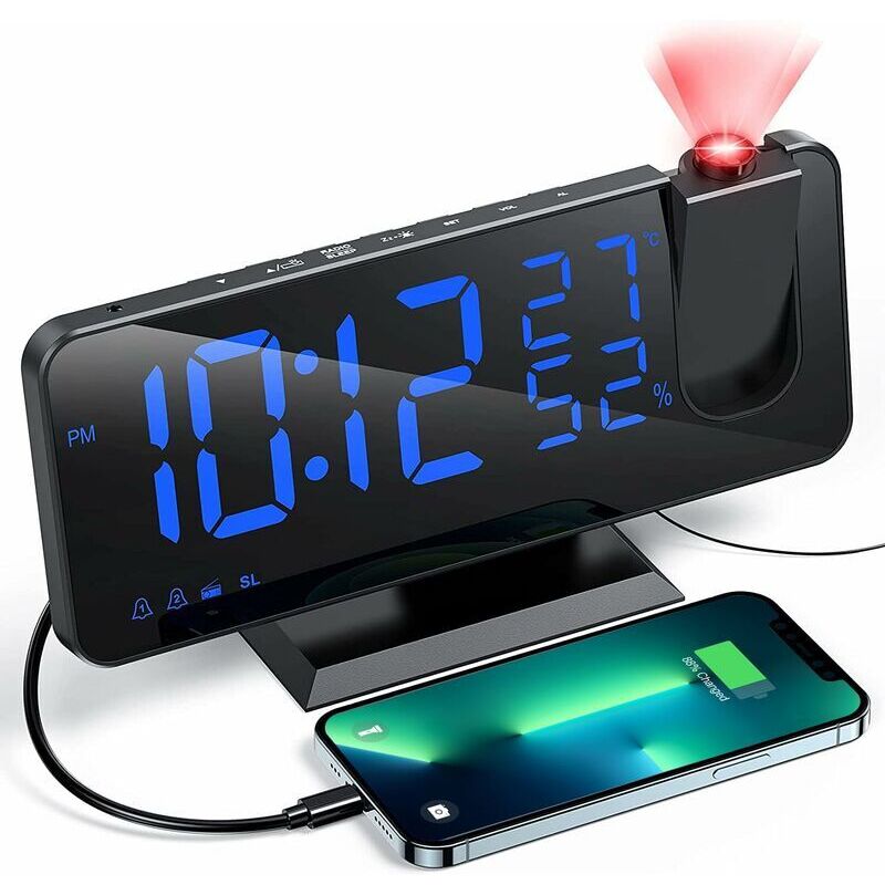 Gotrays - Projector Alarm Clock with Radio, Digital Clock, usb Alarm Clock Radio with Dual Alarm and 7 led Mirror Screen (Blue Word)
