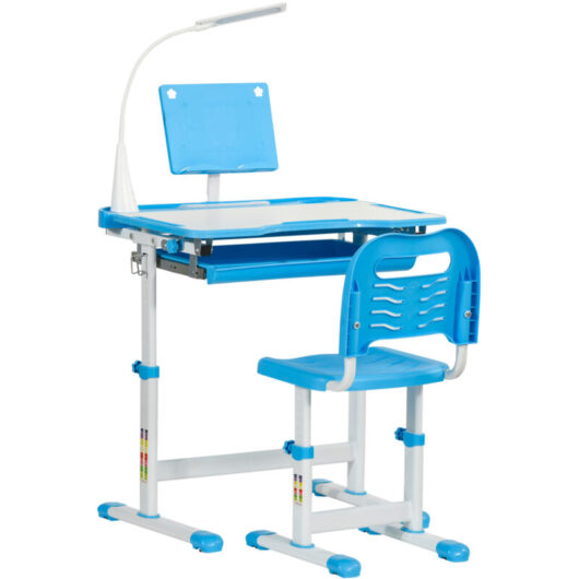 Homcom - Kids Desk and Chair Set, Height Adjustable Study Desk with usb Lamp Blue
