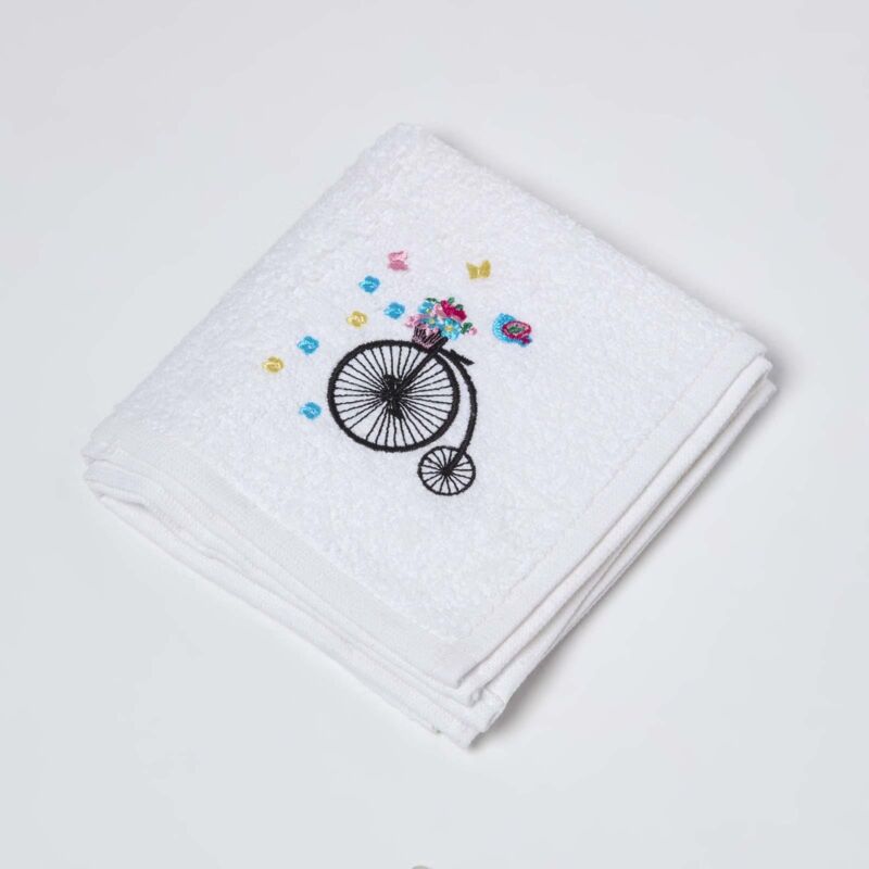 Homescapes - Turkish Cotton Embroidered Bicycle White Face Cloth