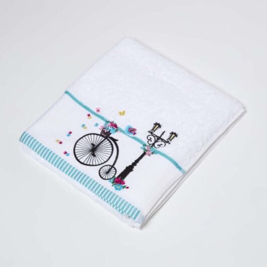 Homescapes - Turkish Cotton Embroidered Bicycle White Hand Towel