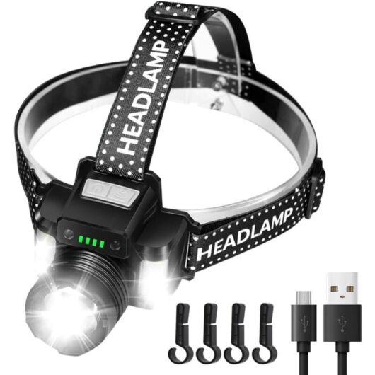 LED Head Torch 2000 Lumen USB-C rechargeable super bright headlamp for hard hats with red and blue light and motion sensor, adjustable focus,