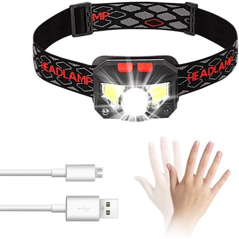 LED Headlamp, USB Rechargeable Headlight with Motion Sensor, 300LM 8-Mode Lighting, IPX4 Waterproof, 30 Hours Continuous Runtime, for Fishing,