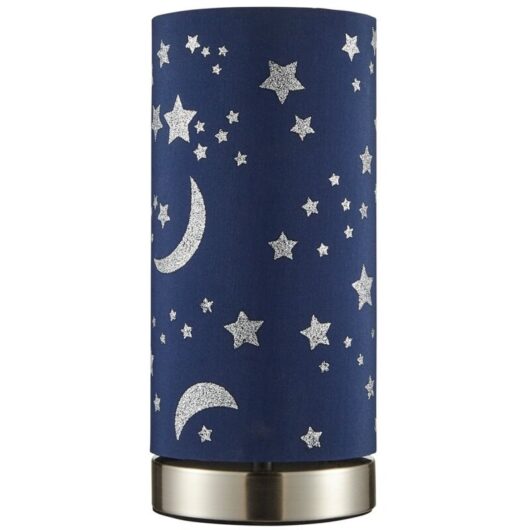 Litecraft - Glow Moon & Stars Table Lamp With Blue Cylinder Shade - Satin Chrome