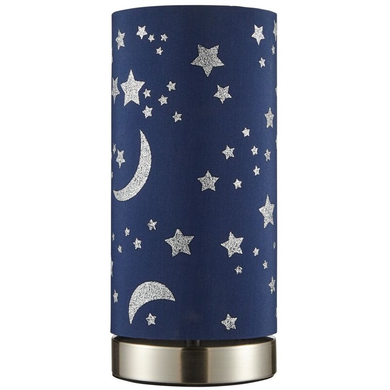 Litecraft - Glow Moon & Stars Table Lamp With Blue Cylinder Shade - Satin Chrome