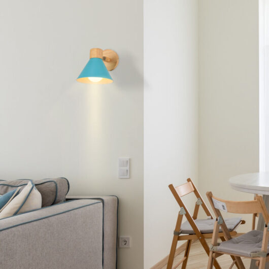 Modern Wall Light Wall Sconce Metal Wood Wall Lamp Fixture Blue Shade for Hallway Bedroom Cafe Bar Ø17,5cm