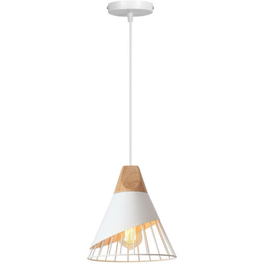 Modern industrial wooden chandelier, retro metal cage ceiling light, suitable for kitchen, bedroom, living room, without light source (white)