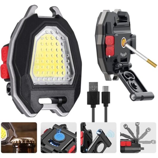 Multifunctional Keychain Emergency LED Light: USB Mini Rechargeable Waterproof COB Flashlight Keychain Flashlight with Cigarette Lighter for Camping,