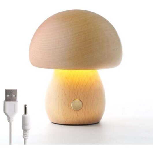 Mushroom Wooden Lamp, Rechargeable Dimmable Portable Bedside Lamp with USB Port, Cordless Night Light, Mushroom Table Lamp for Home Decoration,