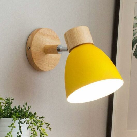 Nordic Metal Iron Macaron Bedside Wall Sconce Modern Simple E27 Wooden Base Wall Lamp for Study, Bedroom, Balcony, Restaurant, Stairs, Decorative