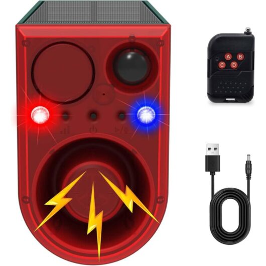 Outdoor solar motion sensor alarm with 13 outdoor sounds, flashing red and blue LED warning light, security strobe, and a 130dB loud siren. Supports