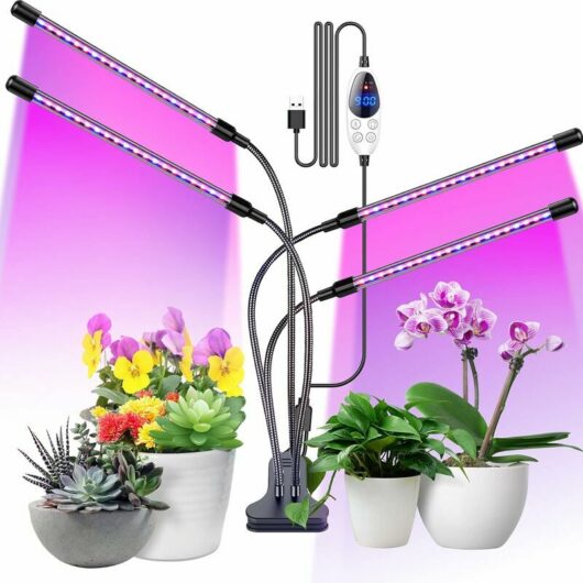 Plant Light, 80 LED Horticultural Lamp Full Spectrum Grow Light with Timer 3 Color Modes 6 Light Intensities for Bonsai Gardening, 4 Heads 80W