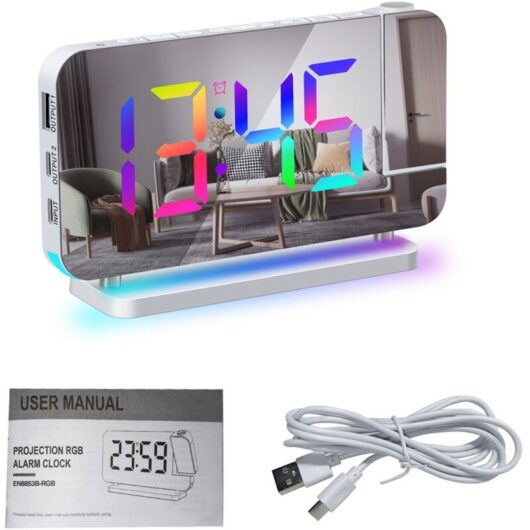 Projection Alarm Clock for Bedroom 7-inch RGB Colorful LED Digital Clock with Mirror Surface 6-level Brightness Dimmer USB Charger Snooze Function