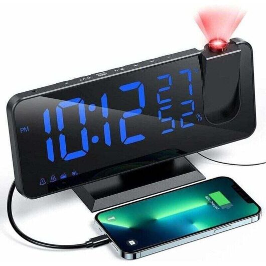 Projector Alarm Clock with Radio, Digital Clock, USB Alarm Clock Radio with Dual Alarm and 7-inch LED Mirror Screen (blue text),