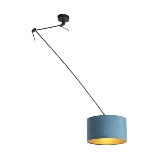 Qazqa - Pendant Light Black with Blue Velvet Lampshade with Gold 35 cm - Blitz