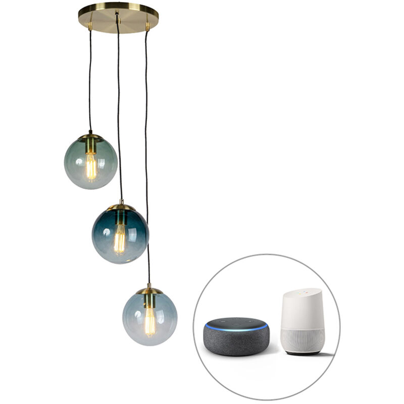 Qazqa - Smart Pendant Light Brass Incl. 3 WiFi ST64 with Blue Glass - Pallon