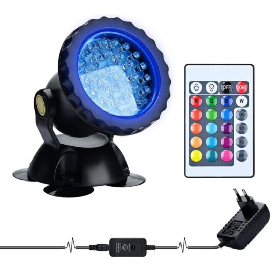 RGB Aquarium Projector, Underwater Submersible Fish Lighting, IP68 Waterproof LED Lamp Adjustable Angle Light with Remote Control for Garden Pond