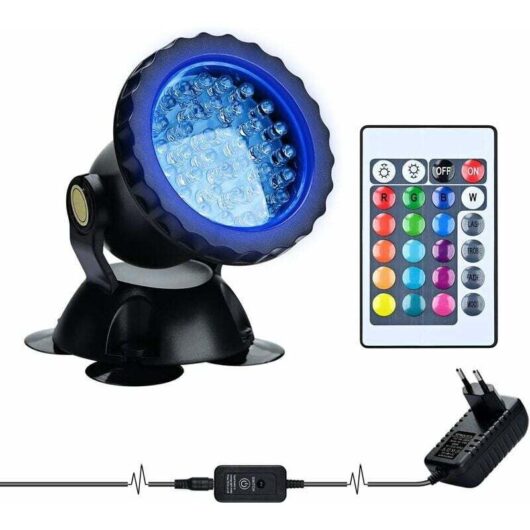 RGB aquarium projector, underwater lighting for fish, IP68 waterproof LED lamp with adjustable angle and remote control for garden, pond, swimming