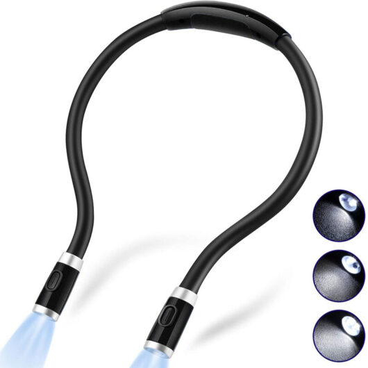 Rechargeable LED reading lamp, neck reading lamp for reading in bed, super flexible hands-free design, 3 adjustable brightness levels