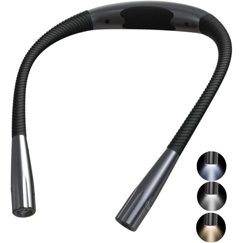 Rechargeable Neck Reading Light, LED Reading Lamp, Flexible Book Light, 3 Colors, Foldable Arms, Knitting, Reading in Bed