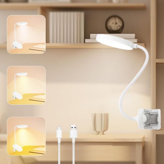 Rechargeable desk lamp with 20 LEDs and clip, flexible night lamp, reading lamp with 3 lighting modes and adjustable brightness, for office, small