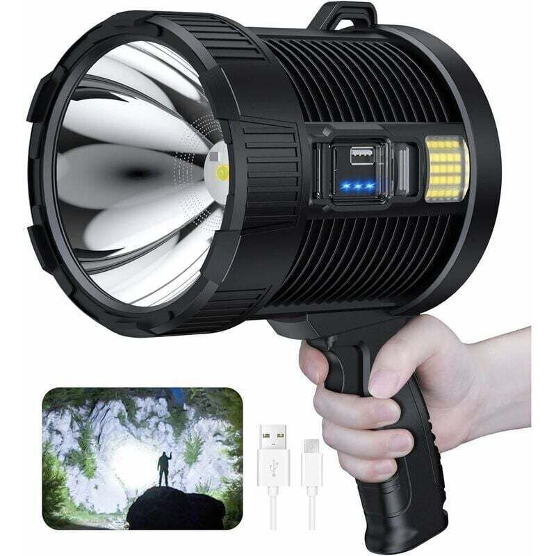 Rechargeable spotlight, 100000 lumens LED handheld spotlight, large flashlight, super bright outdoor solar spotlight, with COB lamp, 6 modes, IPX5