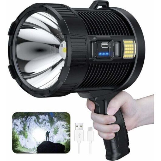 Rechargeable spotlight, 100,000 lumens LED handheld spotlight, large flashlight, super bright outdoor solar spotlight, with COB lamp, 6 modes, IPX5