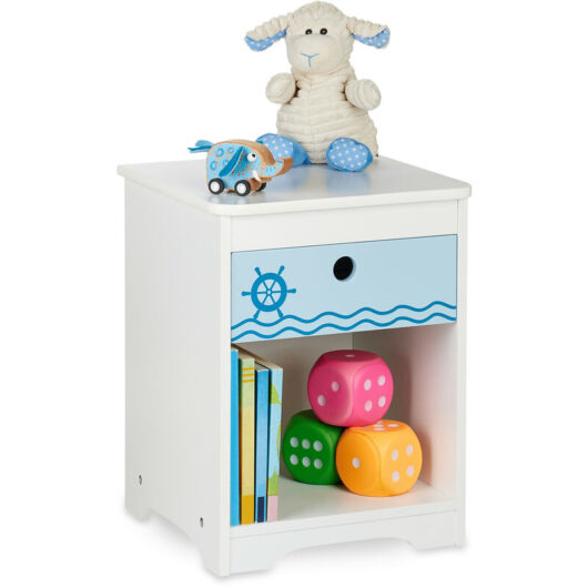 Relaxdays Children's Bedside Table, Cute Sailor Design, Drawer & Storage Compartment, HWD: 41 x 32 x 31 cm, White/Blue
