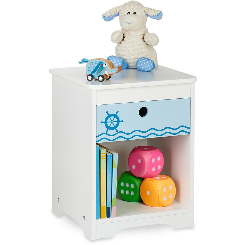 Relaxdays Children's Bedside Table, Cute Sailor Design, Drawer & Storage Compartment, HWD: 41 x 32 x 31 cm, White/Blue