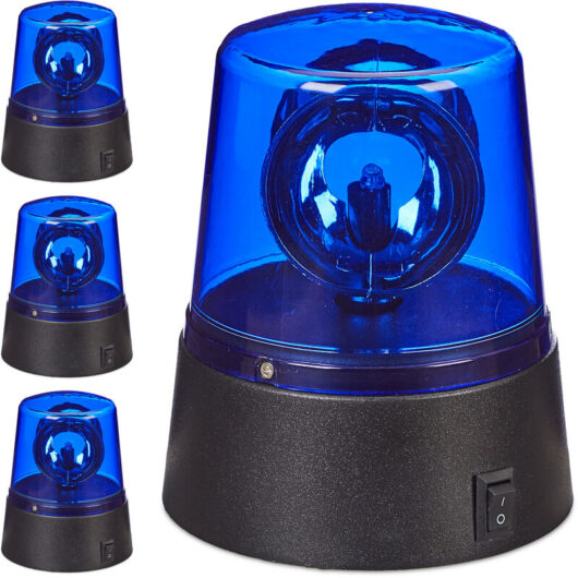 Relaxdays LED Blue Light, 4x Strobe Set with Rotating Reflector, Battery-operated, for Themed Parties, Batteries, Blue
