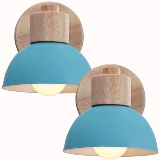 Set of 2 Industrial Modern Indoor Wall Light, Wooden Wall Lamp, E27 Vintage Lighting Fixture for Bedroom, Living Room, Hallway, Restaurant, Blue