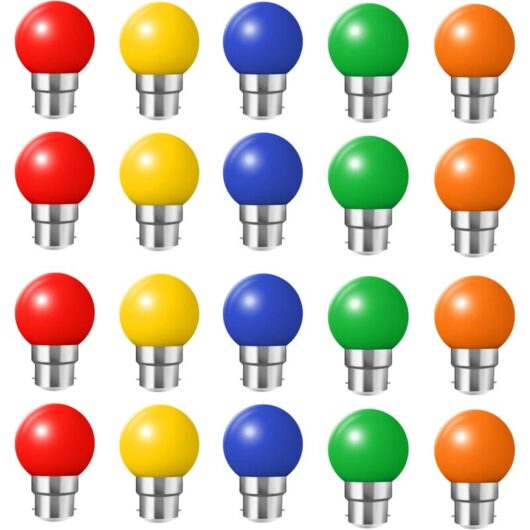 Set of 20 colored LED bulbs, B22 bayonet lamps, 2 W, red, yellow, orange, green, blue, unbreakable (equivalent to 20 W).