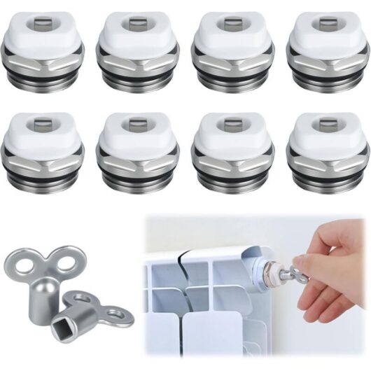 Set of 8 radiator bleed valves with 2 1/2" nickel-plated brass bleed keys for heating, manual bleed valve, heating valve with rotating plastic head