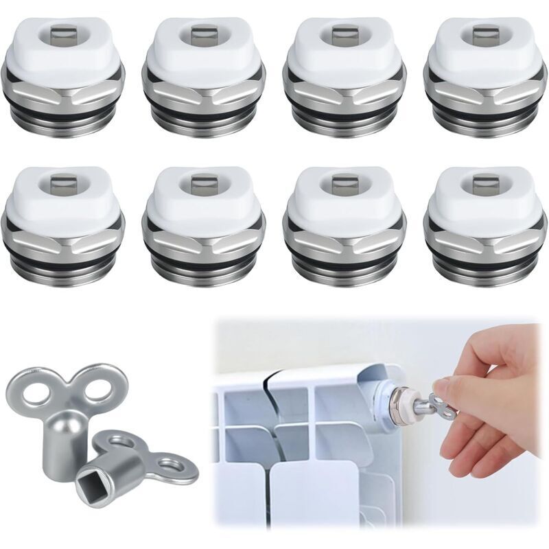 Set of 8 radiator bleed valves with 2 1/2" nickel-plated brass bleed keys for heating, manual bleed valve, heating valve with rotating plastic head