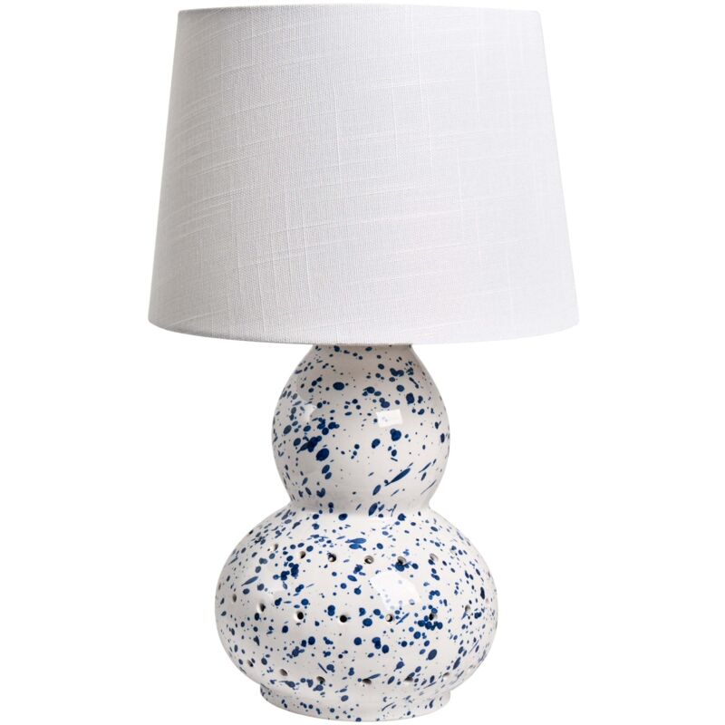 Table Lamp White Ceramic Base Artistic Blue Splatters Linen Shade Drum Style Living Room Modern MACAL