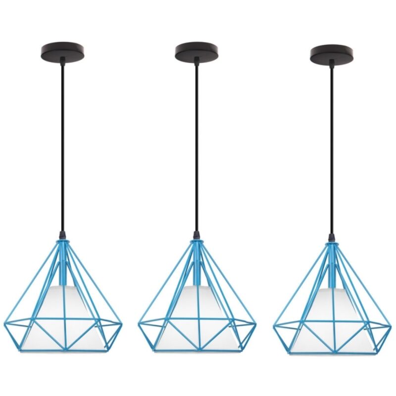 Wottes - 3-pack Industrial Pendant Light Adjustable Ceiling Hanging Light Metal Chandelier Fixtures Blue Hanging Lamp Ø25cm